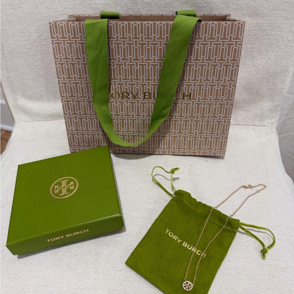 Tory Burch Gold Logo Pendant Necklace with Green Velvet Pouch and Box